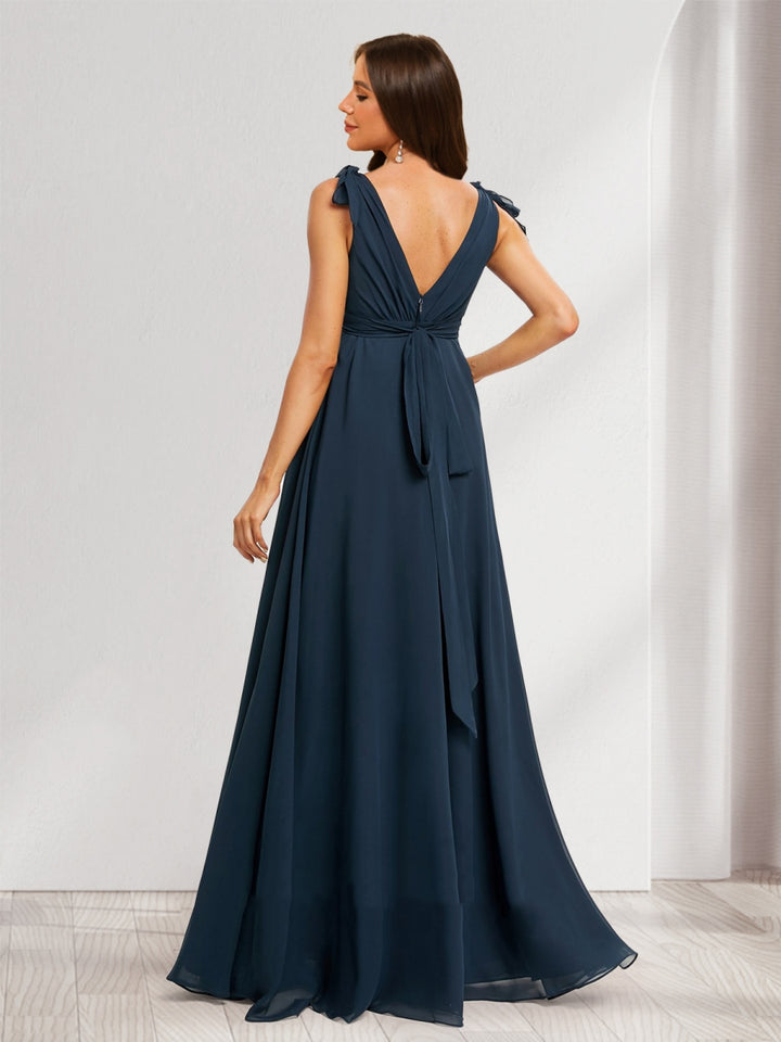 A-Line/Princess V-Neck Sleeveless Floor-Length Maternity Bridesmaid Dresses with Ruffle &amp; Bow