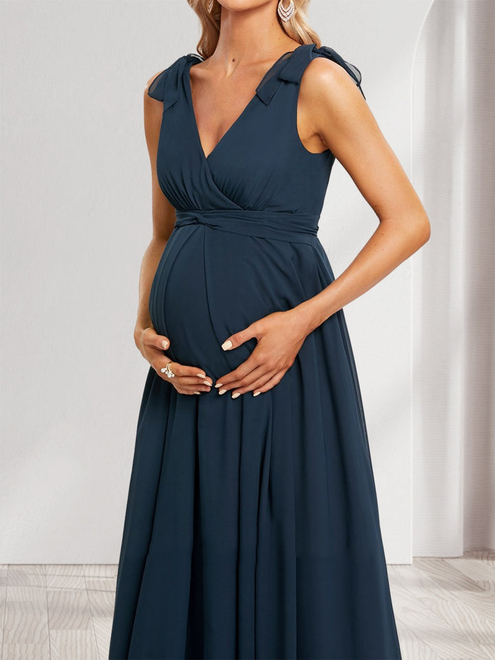 A-Line/Princess V-Neck Sleeveless Floor-Length Maternity Bridesmaid Dresses with Ruffle &amp; Bow