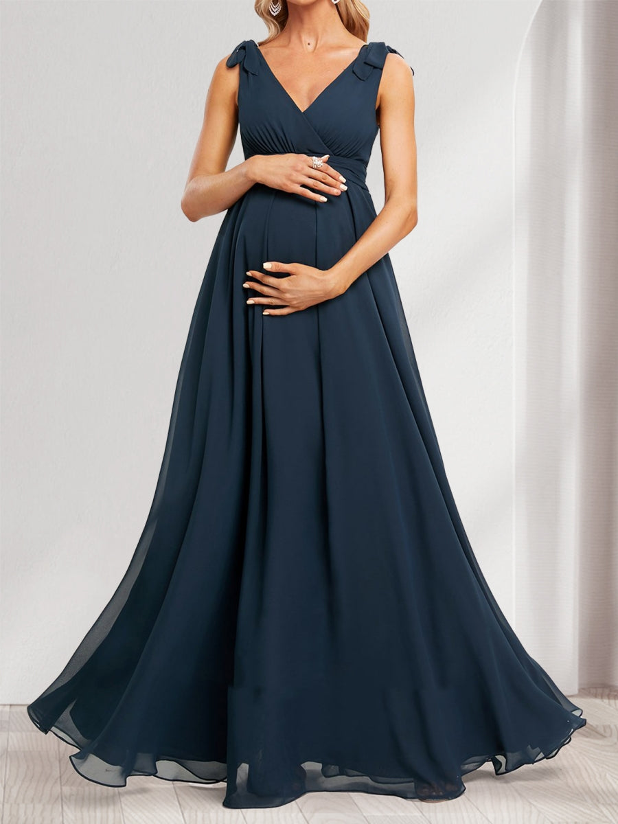 A-Line/Princess V-Neck Sleeveless Floor-Length Maternity Bridesmaid Dresses with Ruffle &amp; Bow