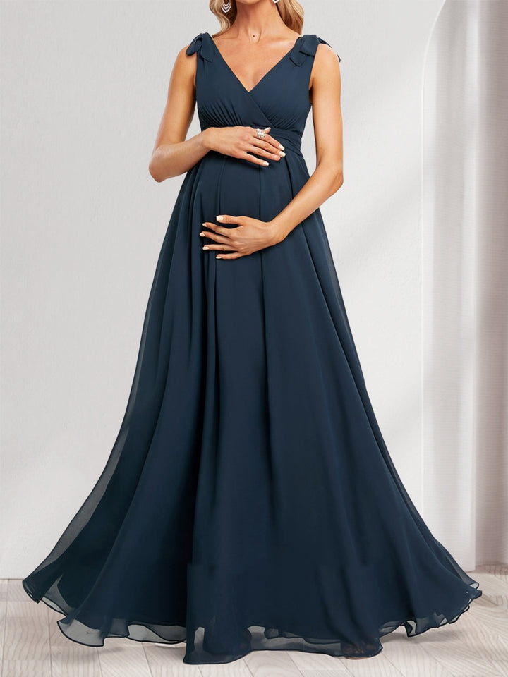 A-Line/Princess V-Neck Sleeveless Floor-Length Maternity Bridesmaid Dresses with Ruffle &amp; Bow