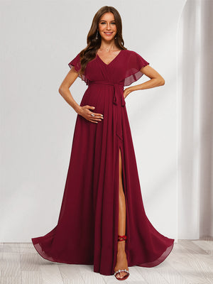A-Line/Princess V-Neck Ruched Long Baby Shower Bridesmaid Dresses with Pleats & Split Side
