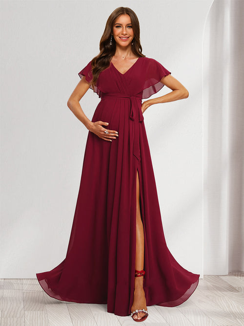 A-Line/Princess V-Neck Ruched Long Baby Shower Bridesmaid Dresses with Pleats & Split Side