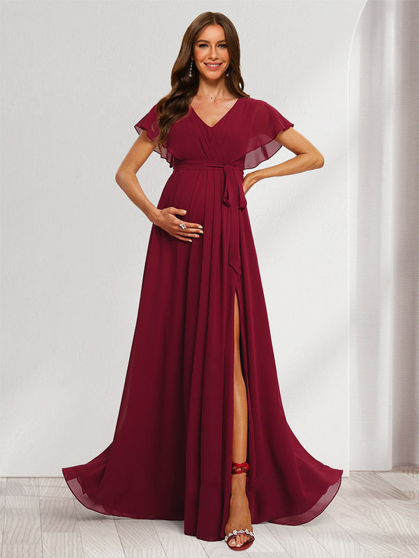 A-Line/Princess V-Neck Ruched Long Baby Shower Bridesmaid Dresses with Pleats & Split Side