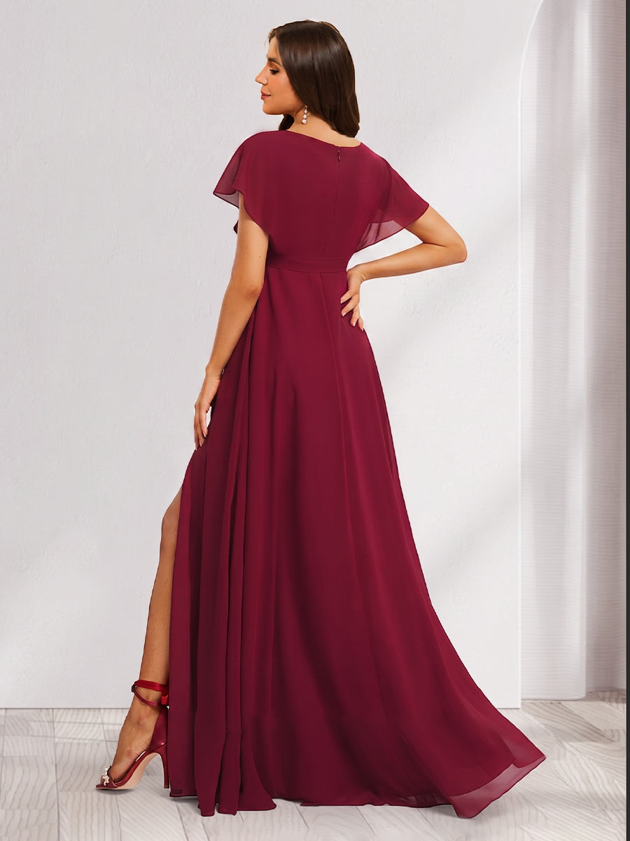 A-Line/Princess V-Neck Ruched Long Maternity Bridesmaid Dresses with Pleats &amp; Split Side