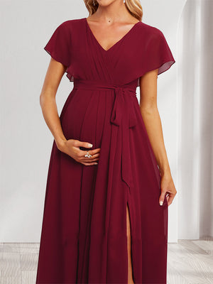 A-Line/Princess V-Neck Ruched Long Baby Shower Bridesmaid Dresses with Pleats & Split Side