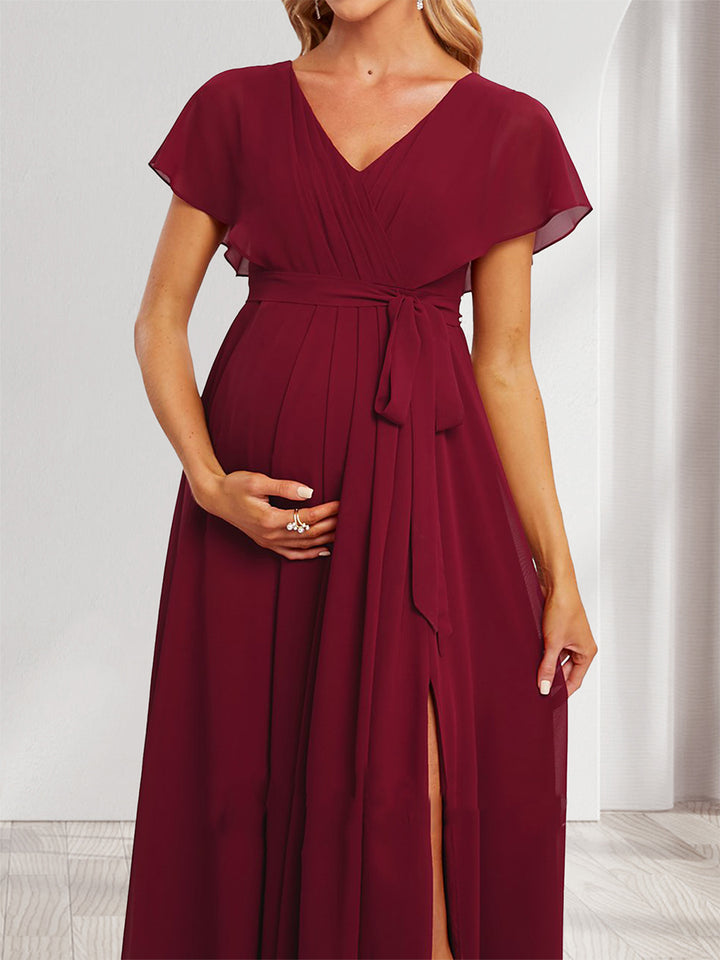 A-Line/Princess V-Neck Ruched Long Maternity Bridesmaid Dresses with Pleats &amp; Split Side