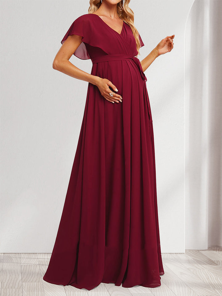 A-Line/Princess V-Neck Ruched Long Maternity Bridesmaid Dresses with Pleats &amp; Split Side