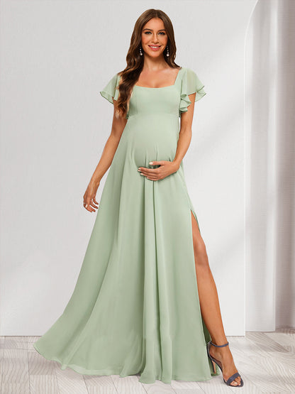 A-Line/Princess Square Neck Maternity Dresses with Ruffles & Side Slit
