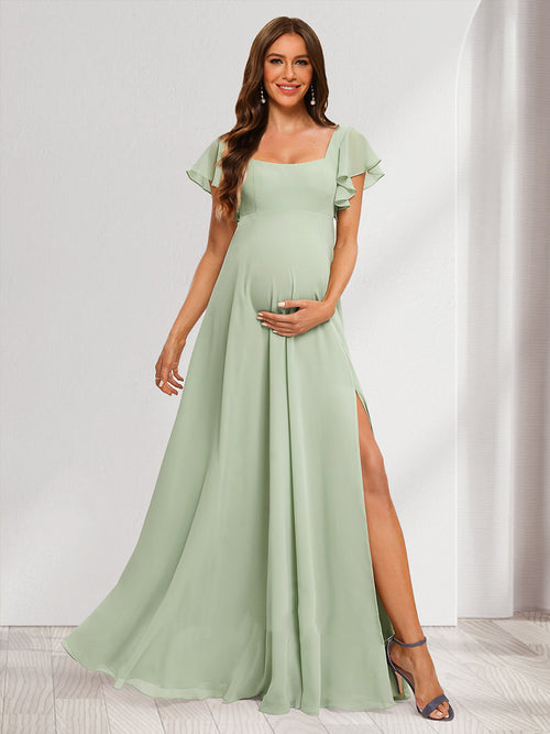 A-Line/Princess Square Neck Baby Shower Bridesmaid Dresses with Ruffles & Side Slit