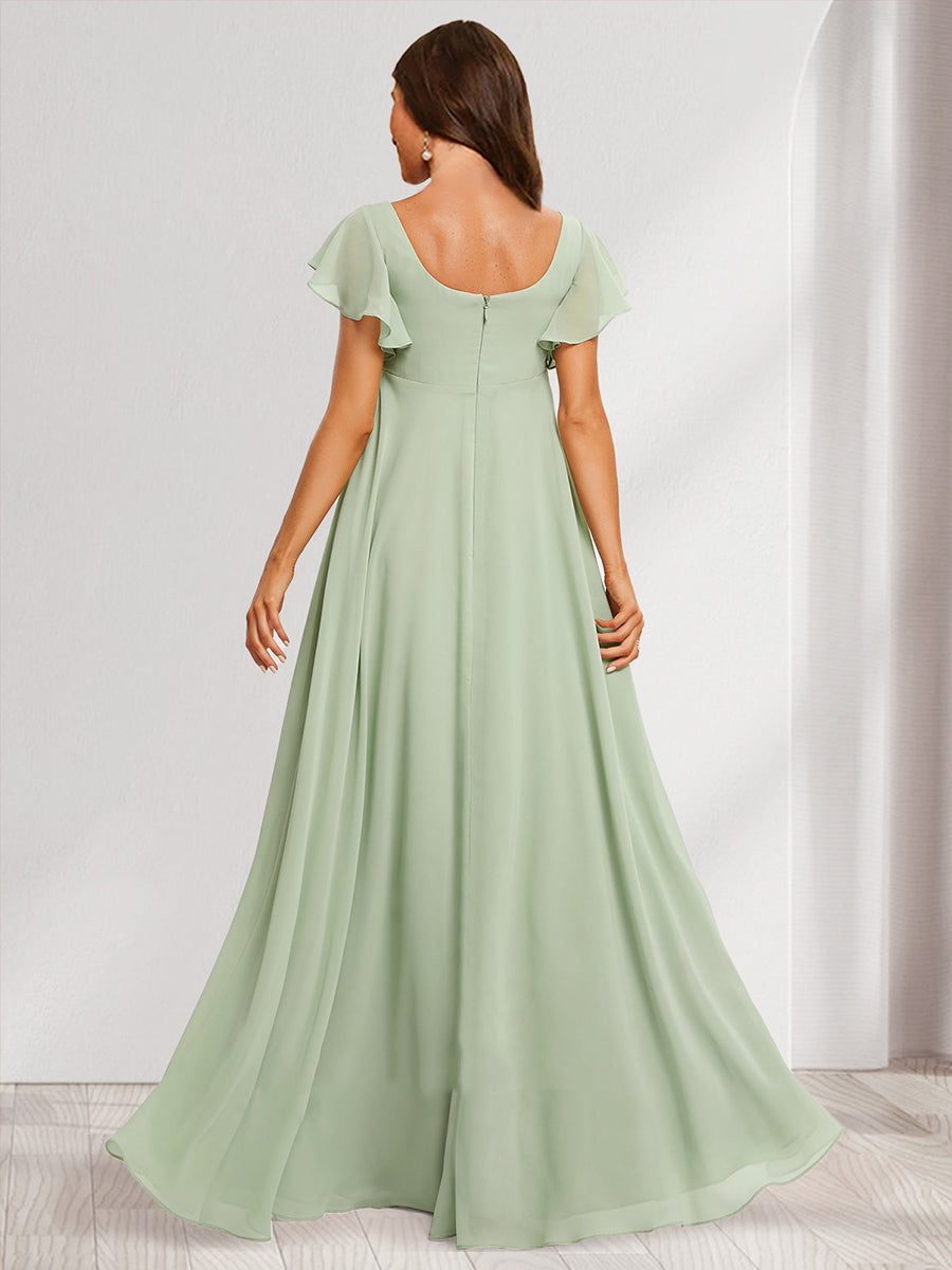 A-Line/Princess Square Neck Baby Shower Bridesmaid Dresses with Ruffles & Side Slit