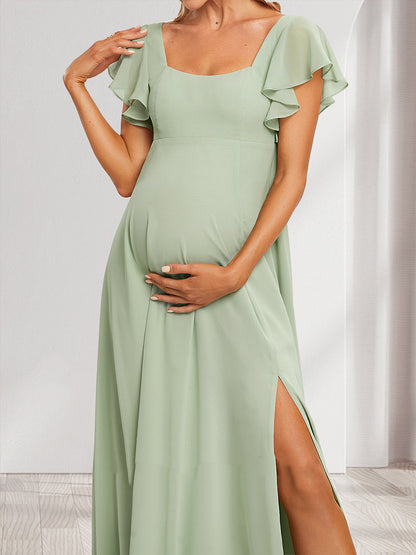 A-Line/Princess Square Neck Maternity Dresses with Ruffles & Side Slit