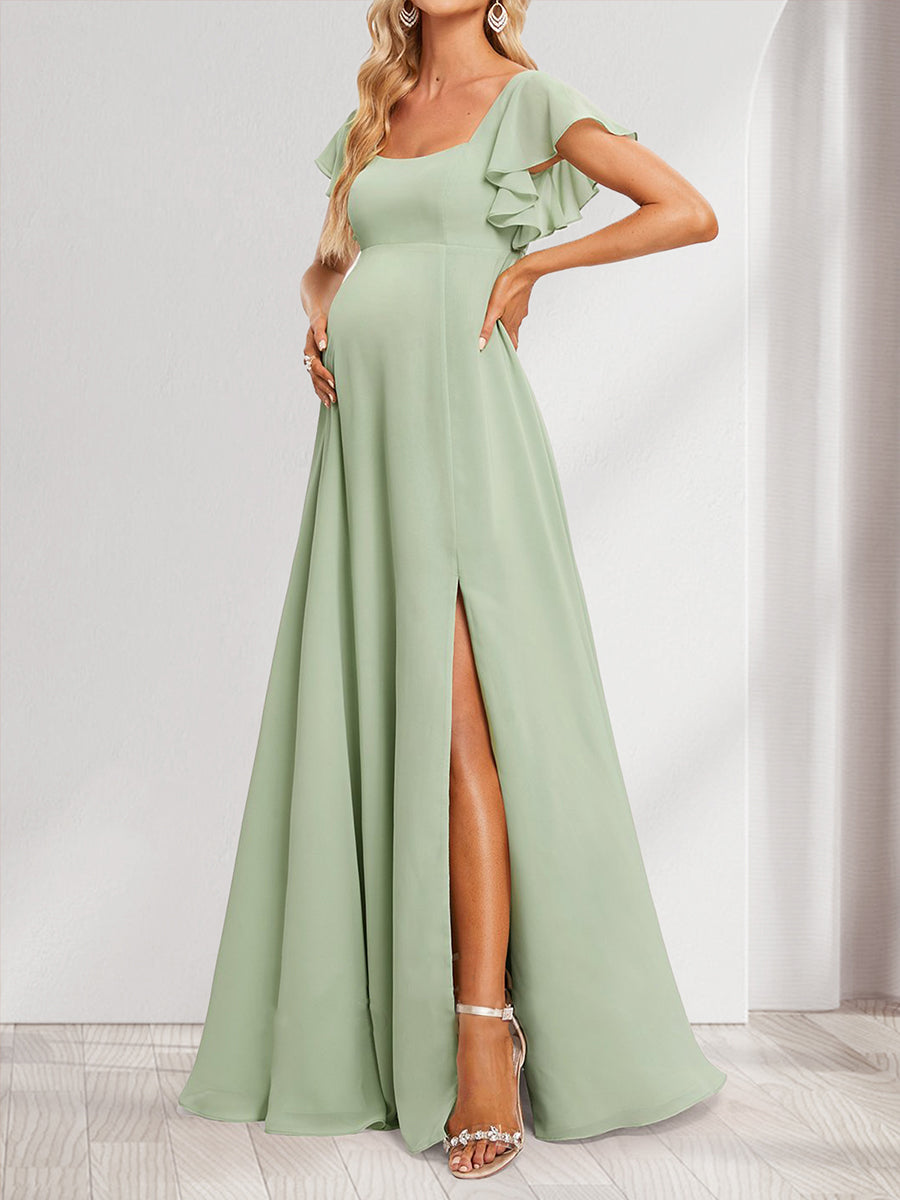 A-Line/Princess Square Neck Maternity Dresses with Ruffles & Side Slit
