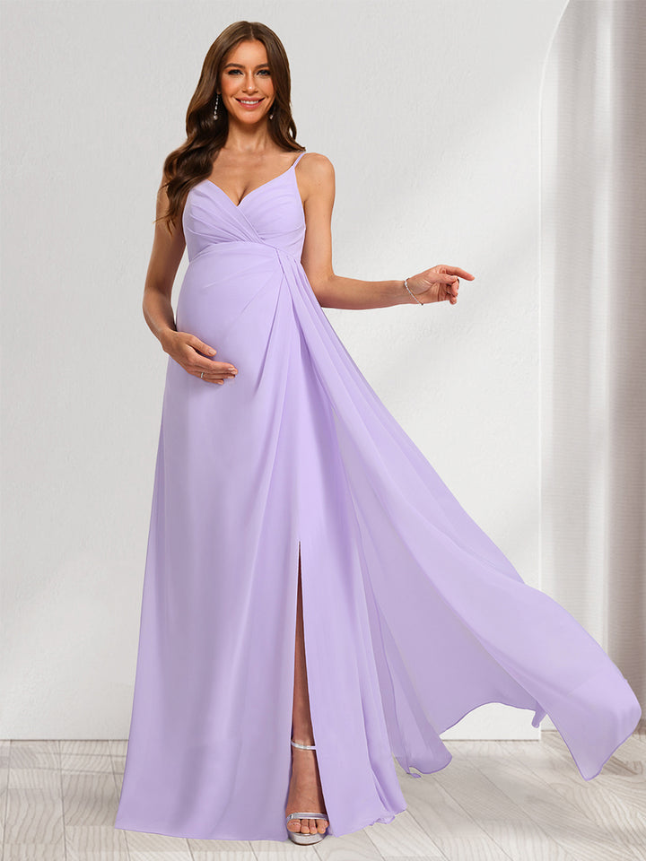 A-Line/Princess Spaghetti Straps Ruched Elegant Maternity Bridesmaid Dresses with Split Side