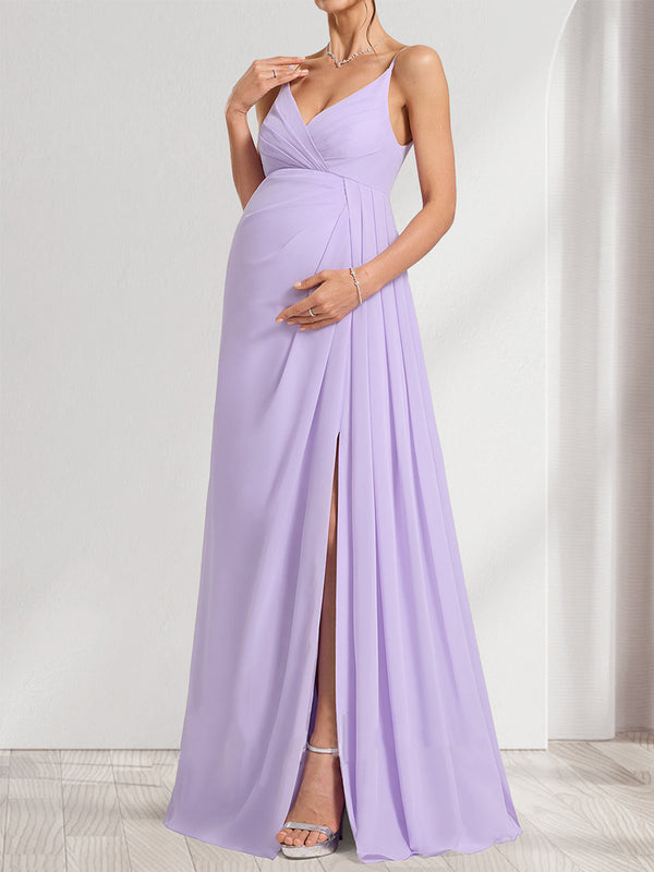 A-Line/Princess Spaghetti Straps Ruched Elegant Baby Shower Bridesmaid Dresses with Split Side