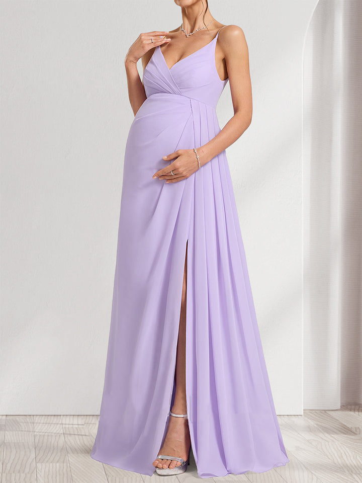 A-Line/Princess Spaghetti Straps Ruched Elegant Maternity Bridesmaid Dresses with Split Side