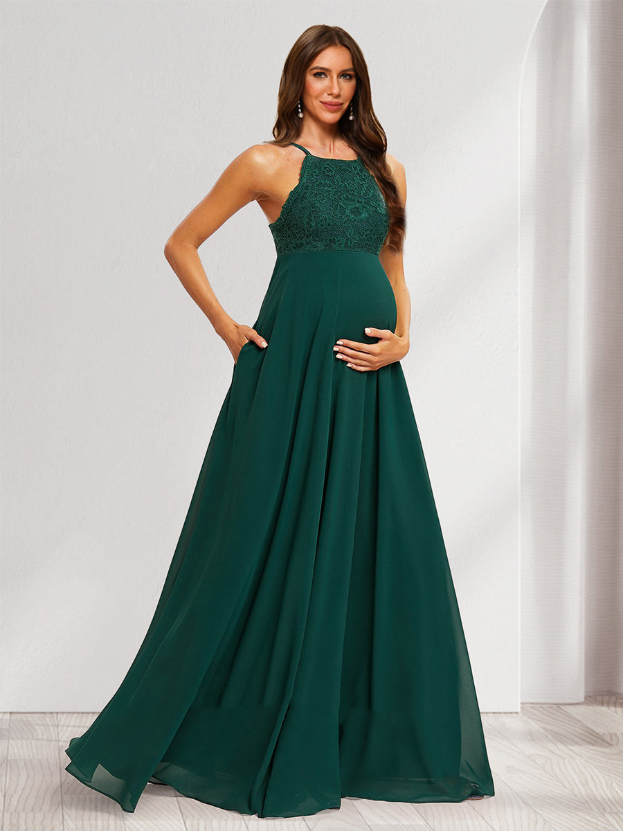 A-Line/Princess Halter Straps Sleeveless Long Maternity Bridesmaid Dresses with Lace Appliques