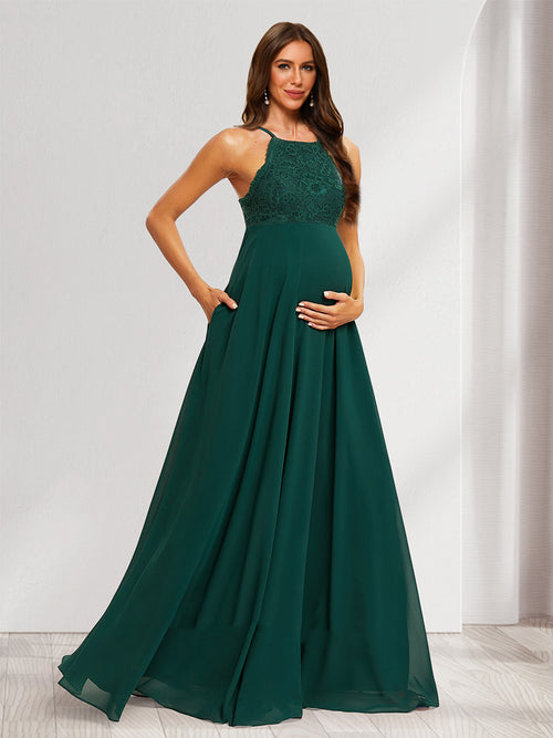 A-Line/Princess Halter Straps Sleeveless Long Baby Shower Bridesmaid Dresses with Lace Appliques