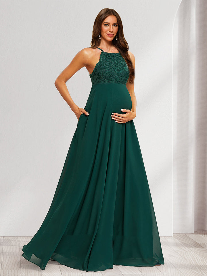 A-Line/Princess Halter Straps Sleeveless Long Maternity Bridesmaid Dresses with Lace Appliques