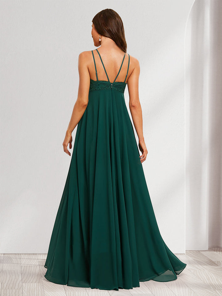 A-Line/Princess Halter Straps Sleeveless Long Maternity Bridesmaid Dresses with Lace Appliques