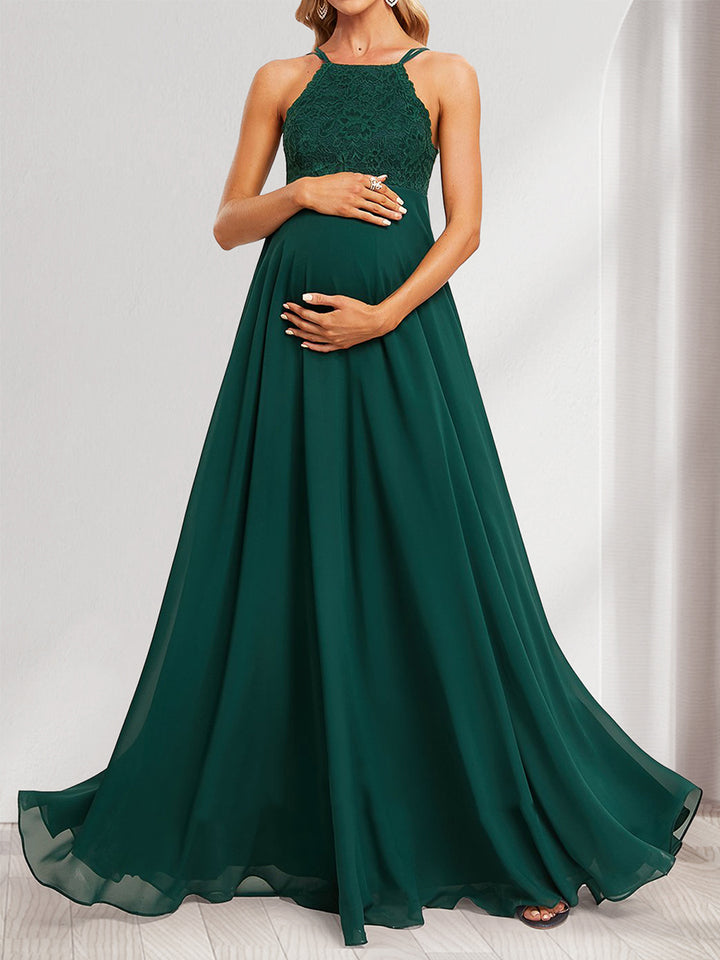 A-Line/Princess Halter Straps Sleeveless Long Maternity Bridesmaid Dresses with Lace Appliques
