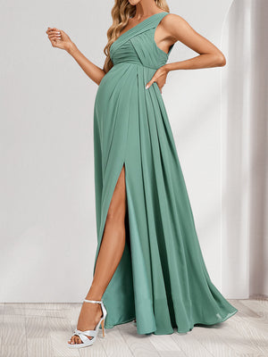 A-Line/Princess One-Shoulder Sleeveless Ruched Baby Shower Bridesmaid Dresses with Split Side