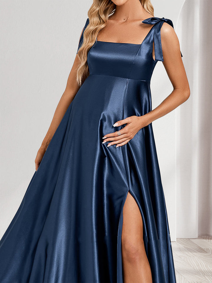 A-Line/Princess Square Neck Floor-Length Maternity Bridesmaid Dresses with Split Side &amp; Pleats