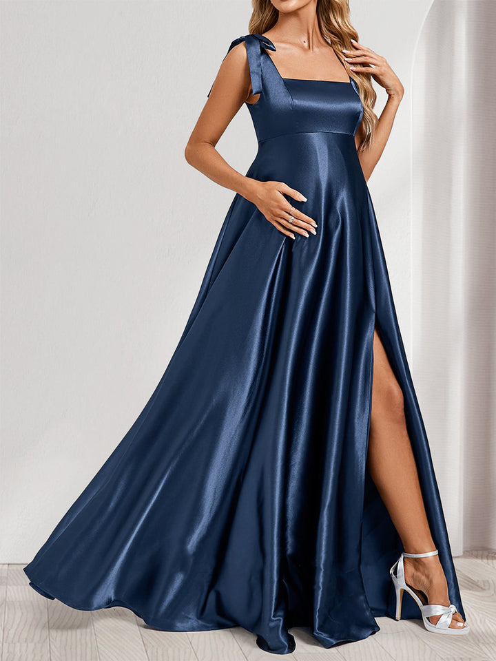 A-Line/Princess Square Neck Floor-Length Maternity Bridesmaid Dresses with Split Side &amp; Pleats