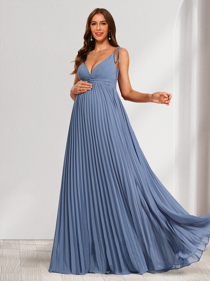 A-Line/Princess V-Neck Sleeveless Long Minimalist Maternity Bridesmaid Dresses with Pleats