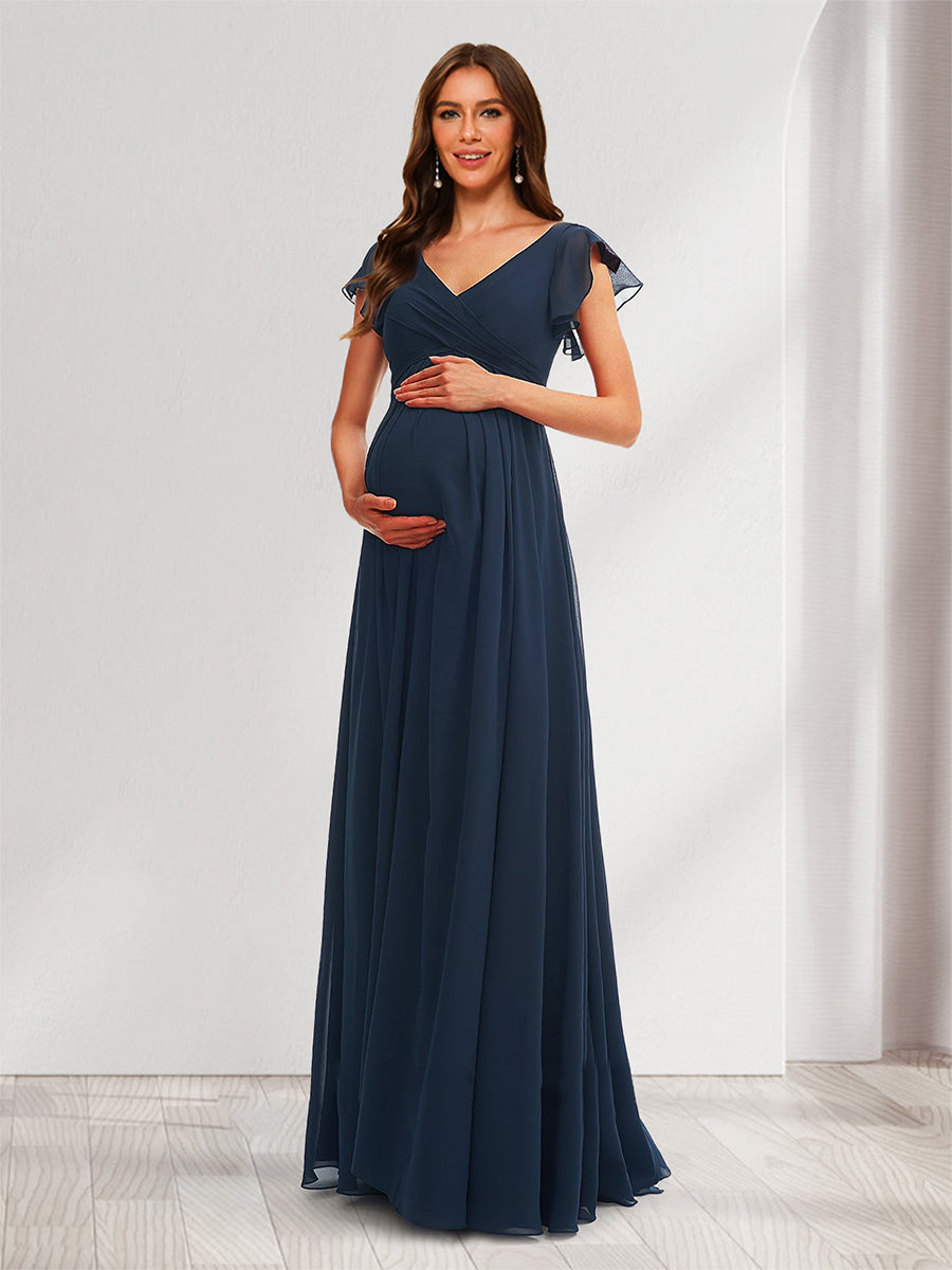 A-Line/Princess V-Neck Flutter Sleeves Ruched Baby Shower Bridesmaid Dresses with Ruffles