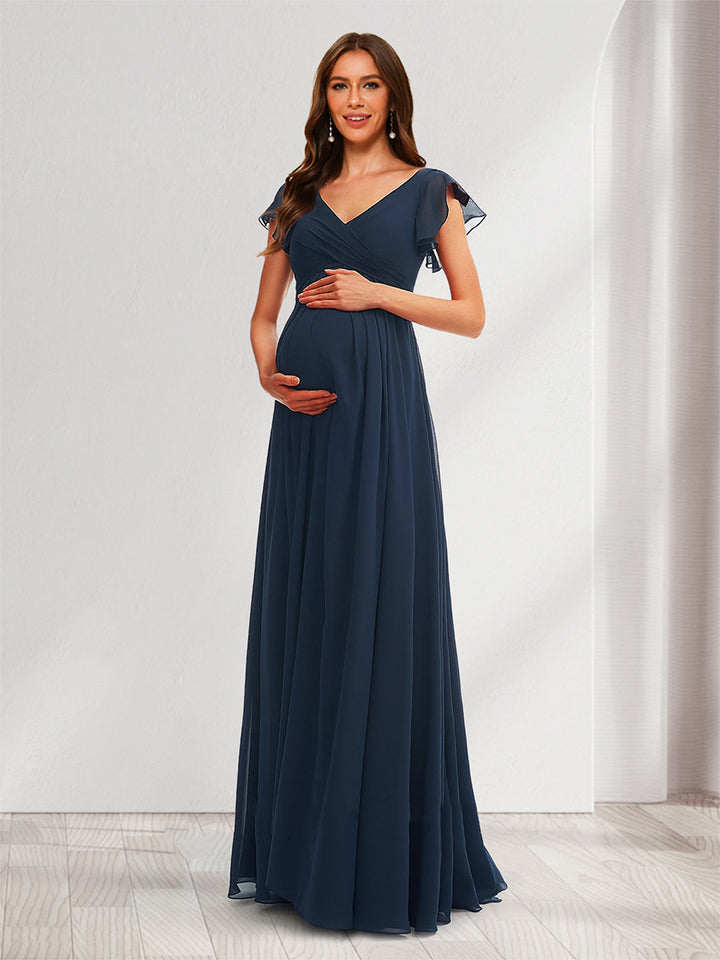 A-Line/Princess V-Neck Flutter Sleeves Ruched Maternity Bridesmaid Dresses with Ruffles