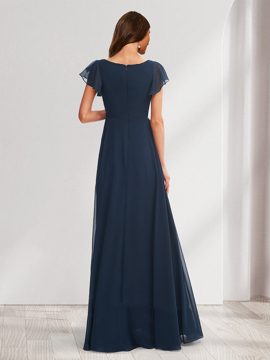 A-Line/Princess V-Neck Flutter Sleeves Ruched Maternity Bridesmaid Dresses with Ruffles