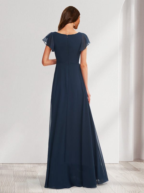 A-Line/Princess V-Neck Flutter Sleeves Ruched Baby Shower Bridesmaid Dresses with Ruffles