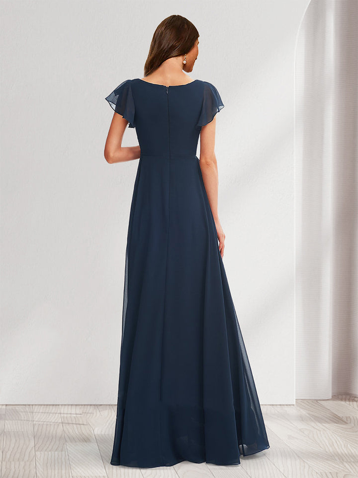 A-Line/Princess V-Neck Flutter Sleeves Ruched Maternity Bridesmaid Dresses with Ruffles
