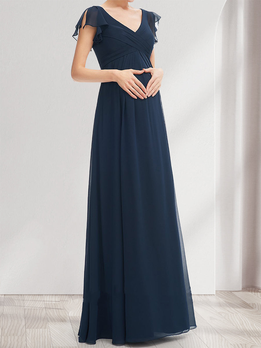 A-Line/Princess V-Neck Flutter Sleeves Ruched Maternity Bridesmaid Dresses with Ruffles