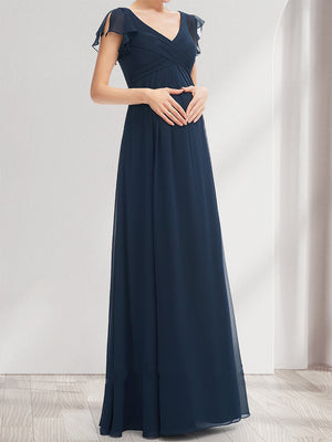 A-Line/Princess V-Neck Flutter Sleeves Ruched Baby Shower Bridesmaid Dresses with Ruffles