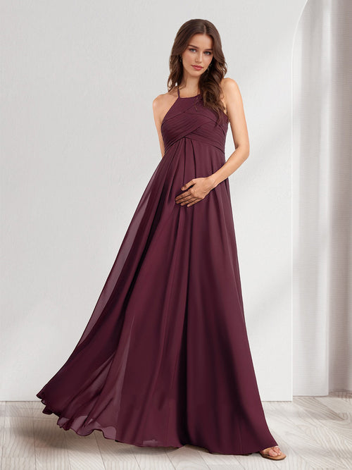 A-Line/Princess Halter Sleeveless Ruched Long Chiffon Baby Shower  Bridesmaid Dresses