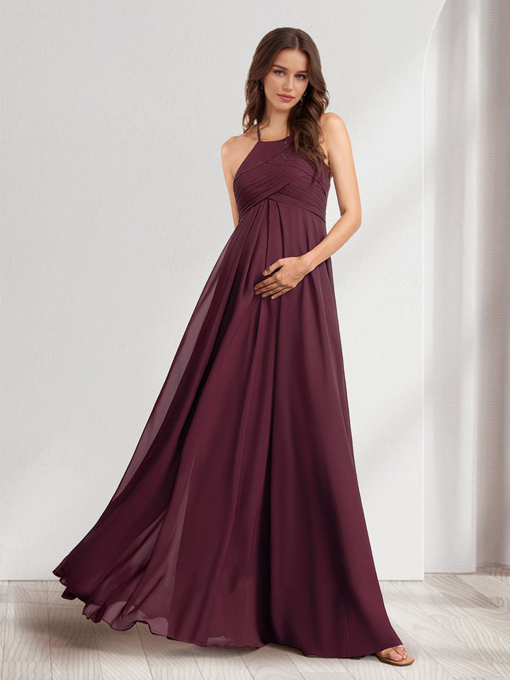 A-Line/Princess Halter Sleeveless Ruched Long Chiffon Maternity Bridesmaid Dresses