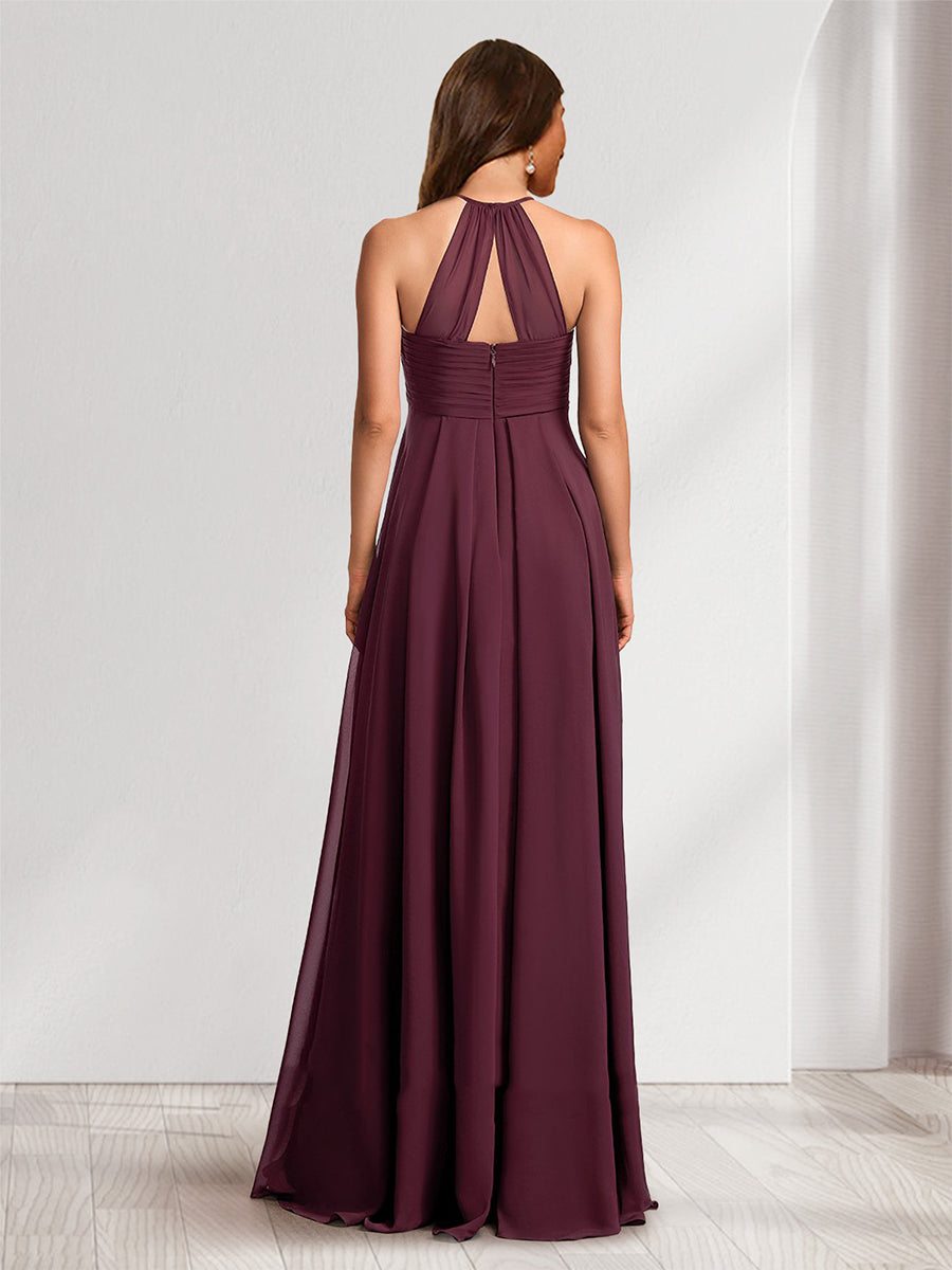 A-Line/Princess Halter Sleeveless Ruched Long Chiffon Maternity Bridesmaid Dresses