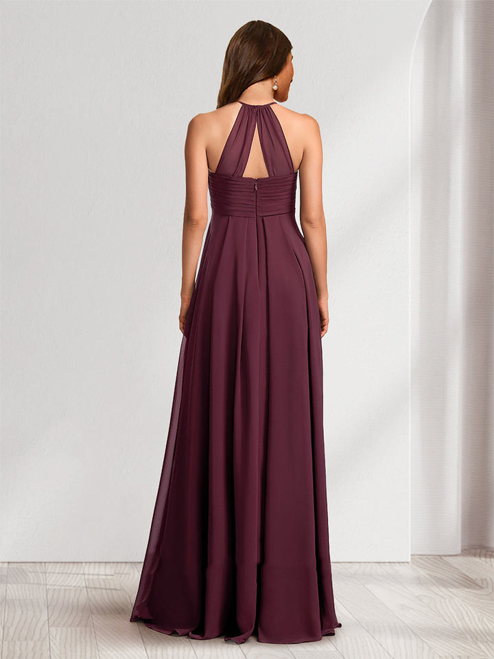 A-Line/Princess Halter Sleeveless Ruched Long Chiffon Maternity Bridesmaid Dresses