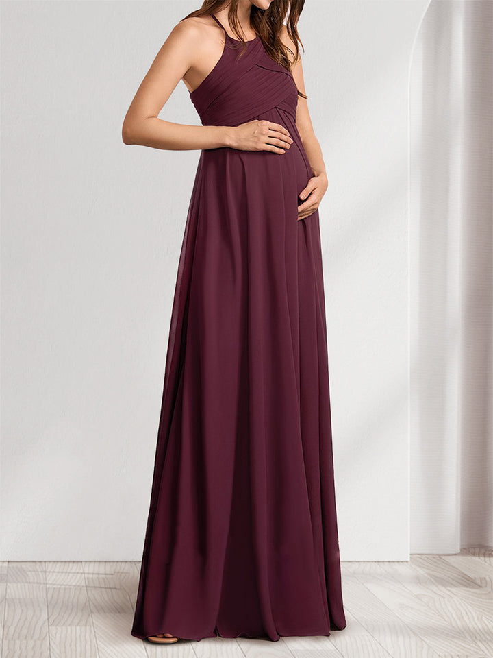 A-Line/Princess Halter Sleeveless Ruched Long Chiffon Maternity Bridesmaid Dresses