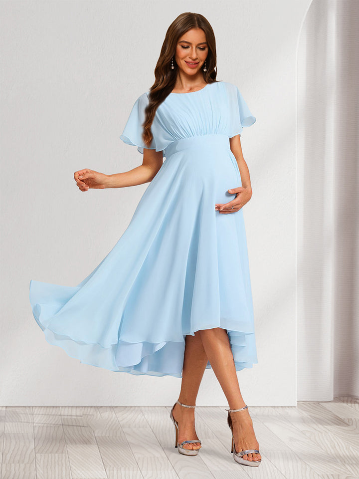 A-Line/Princess Scoop Short Sleeves Ruched Asymmetrical Maternity Bridesmaid Dresses with Ruffles
