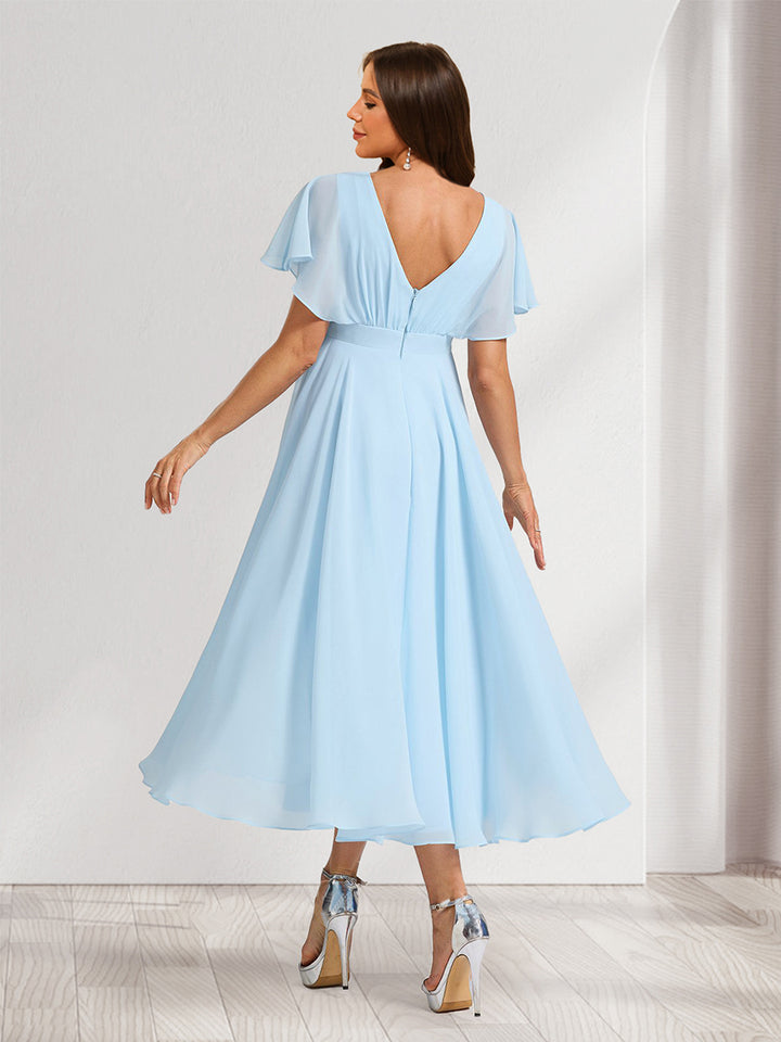 A-Line/Princess Scoop Short Sleeves Ruched Asymmetrical Maternity Bridesmaid Dresses with Ruffles