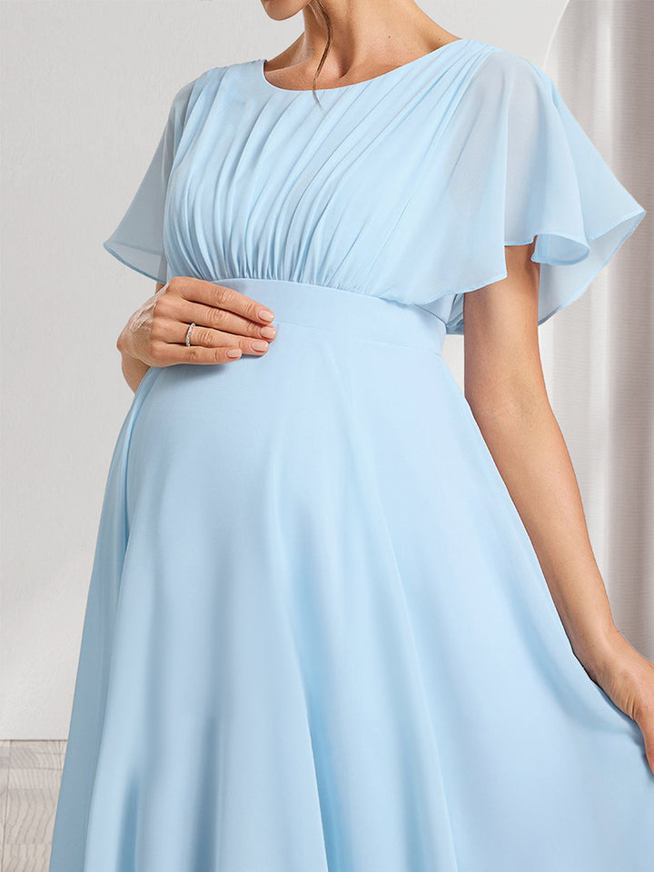 A-Line/Princess Scoop Short Sleeves Ruched Asymmetrical Maternity Bridesmaid Dresses with Ruffles