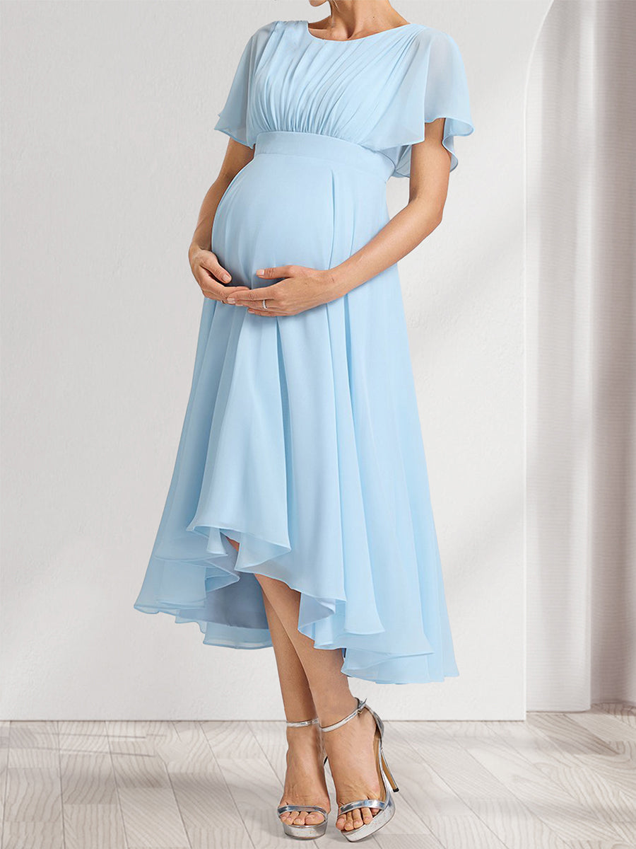 A-Line/Princess Scoop Short Sleeves Ruched Asymmetrical Maternity Bridesmaid Dresses with Ruffles