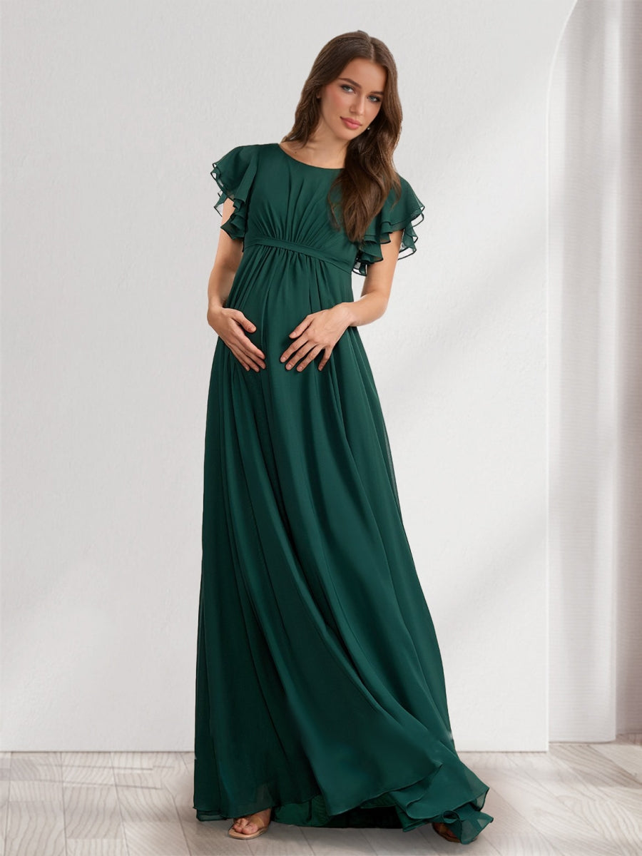 A-Line/Princess Scoop Short Sleeves Ruched Floor-Length Chiffon Baby Shower Bridesmaid Dresses