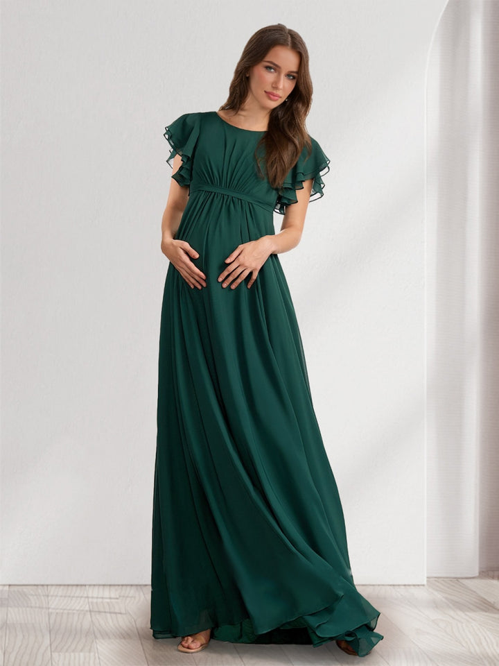 A-Line/Princess Scoop Short Sleeves Ruched Floor-Length Chiffon Maternity Bridesmaid Dresses