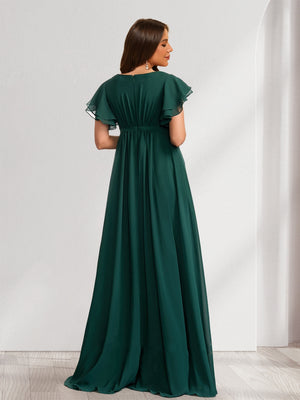 A-Line/Princess Scoop Short Sleeves Ruched Floor-Length Chiffon Baby Shower Bridesmaid Dresses