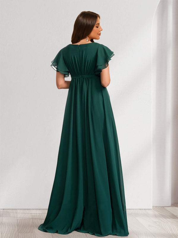 A-Line/Princess Scoop Short Sleeves Ruched Floor-Length Chiffon Baby Shower Bridesmaid Dresses