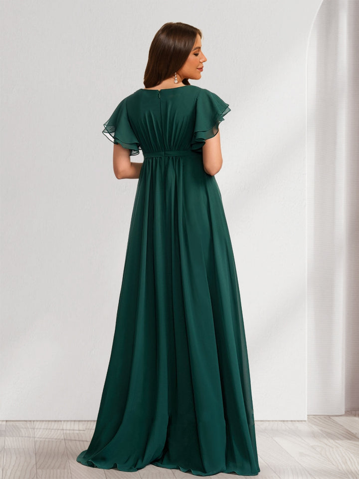 A-Line/Princess Scoop Short Sleeves Ruched Floor-Length Chiffon Maternity Bridesmaid Dresses