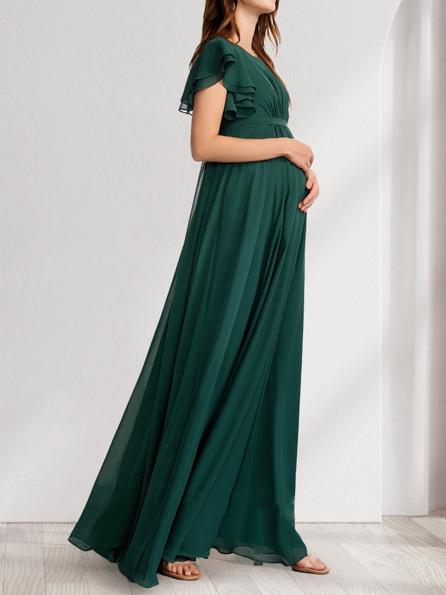 A-Line/Princess Scoop Short Sleeves Ruched Floor-Length Chiffon Maternity Bridesmaid Dresses